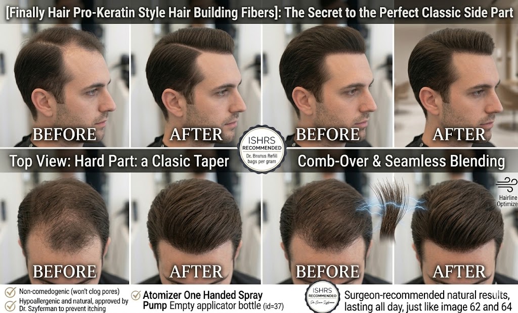 A professional four-panel before-and-after comparison grid titled: "The Secret to the Perfect Classic Side Part." The graphic demonstrates how Finally Hair Pro-Keratin Style building fibers define a hard part and add density to an executive contour haircut. Top Row (Hard Part & Classic Taper): The "Before" image shows a man with a traditional side part and visible thinning at the temple and crown. The "After" image shows a crisp, "popping" part line and a dense, youthful square hairline, emphasizing Finally Hair’s hypoallergenic and natural formula approved by Dr. Bruno Szyferman to prevent itching. Bottom Row (Comb-Over & Seamless Blending): The "Before" image reveals diffuse thinning across the top "comb-over" section. The "After" image shows a thick, full head of hair with undetectable density. Blue static charge icons illustrate how the statically-charged filaments bond to existing hair. The central ISHRS Recommended Seal confirms the product is non-comedogenic and won't clog pores. Bottom icons and text recommend the Atomizer One-Handed Spray Pump and Hairline Optimizer for precision.