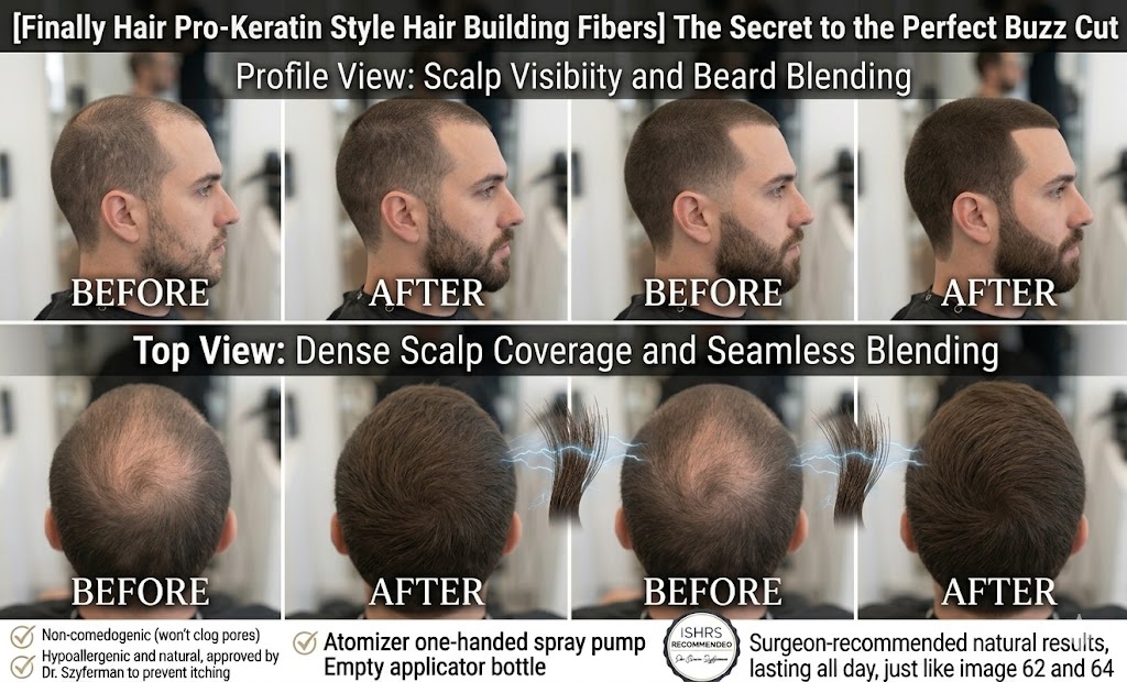 A professional four-panel before-and-after comparison grid titled: "The Secret to the Perfect Buzz Cut." The graphic illustrates how Finally Hair Pro-Keratin Style building fibers create the illusion of a full head of hair on a short buzz cut and fill in patchy facial hair. Top Row (Profile View - Scalp Visibility & Beard Blending): The "Before" image shows a man with a #2 guard buzz cut and significant scalp visibility at the crown, along with a patchy beard. The "After" image shows a dark, dense scalp and a rugged, fully filled-in beard with seamless blending. Bottom Row (Top View - Dense Scalp Coverage): The "Before" image reveals a large thinning area at the vertex. The "After" image shows total coverage with an undetectable finish. Blue static charge icons demonstrate how the fibers bond electrostatically to the short hair shafts. The central ISHRS Recommended Seal features Dr. Bruno Szyferman's endorsement. Bottom icons and text highlight that the formula is non-comedogenic (won't clog pores) and recommend the Atomizer one-handed spray pump for precise distribution.