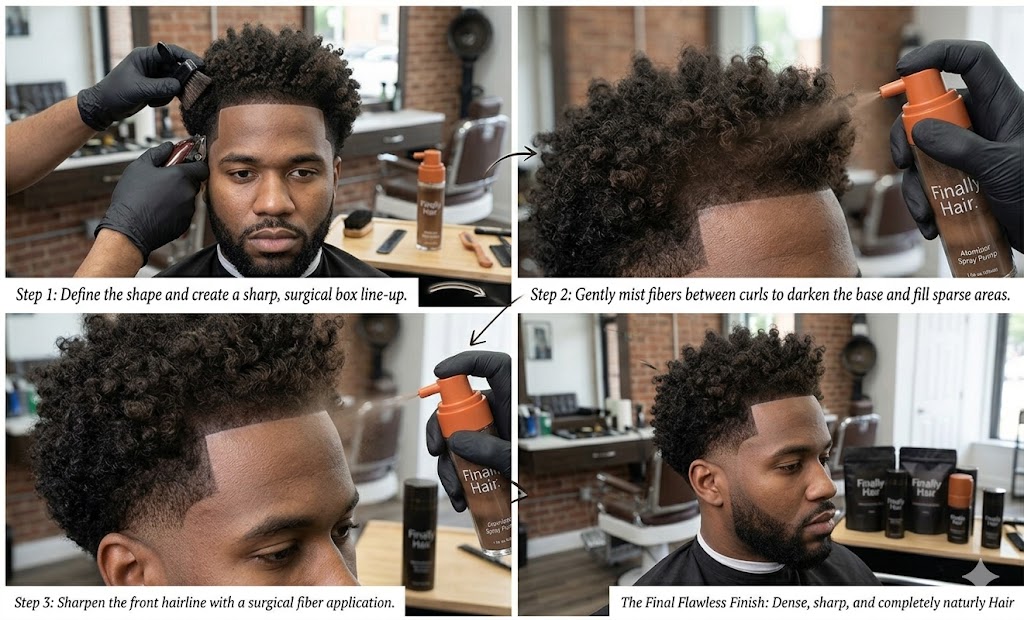 A four-step instructional collage for 'The Tapered Afro' haircut using Finally Hair fibers. Step 1: A barber uses clippers to define a sharp box line-up. Step 2: An Atomizer Spray Pump mists fibers onto the scalp between curls to darken the base. Step 3: Precise fiber application sharpens the front hairline. Step 4: The final look showing a dense, natural-looking finish with a sharp, surgical edge