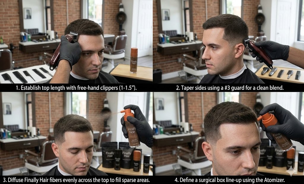 A instructional photograph for 'The Ivy League (Modern Crew Cut)' from Finally Hair. A barber's gloved hand, holding an orange Finally Hair Atomizer Spray Pump attached to a dark bottle, gently diffuses a broad, even mist of dark fibers over the entire top of the model's clean-cut hair to create depth. The model, with a precise Ivy League cut, has his eyes closed. Targeted application is visible on the crown to prevent 'Sunlight Spot' reflection. A range of Finally Hair products is on a counter. At the bottom right, a small caption reads: 'The Ivy League (Modern Crew Cut) - Final Diffusion | Finally Hair'.