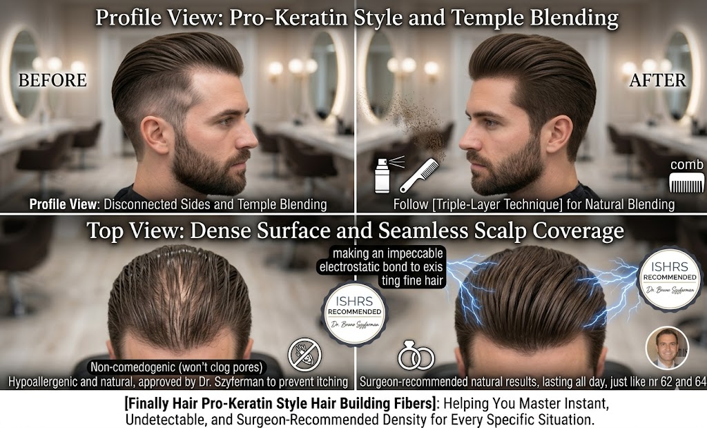 A professional four-panel before-and-after comparison grid titled: "Profile View: Pro-Keratin Style and Temple Blending" and "Top View: Dense Surface and Seamless Scalp Coverage." The graphic demonstrates how Finally Hair Pro-Keratin Style building fibers eliminate scalp "show-through" in slicked-back styles. Top Row (Profile View): The "Before" image shows a man with a disconnected undercut and significant thinning at the temples, made more visible by the slicked-back hair. The "After" image shows a dense, reinforced hairline. Icons recommend following the Triple-Layer Technique using a comb and Fiber Lock Spray. Bottom Row (Top View): The "Before" image reveals significant scalp visibility across the entire top surface due to the wet-look pomade. The "After" image shows a thick, solid surface of hair with an impeccable electrostatic bond. The central ISHRS Recommended Seal features Dr. Bruno Szyferman's endorsement. Text confirms the formula is non-comedogenic (won't clog pores) and hypoallergenic.