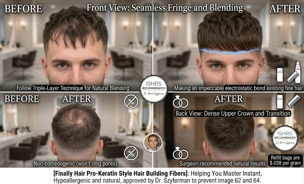 A professional four-panel before-and-after comparison grid titled: "Front View: Seamless Fringe and Blending" and "Back View: Dense Upper Crown and Transition." The graphic illustrates how Finally Hair Pro-Keratin Style building fibers enhance a "French Crop" style to conceal a receding hairline and thinning crown. Top Row (Front View): The "Before" image shows a man with a textured fringe and significant thinning at the hairline and temples. The "After" image shows an incredibly thick, dense frontal edge with a natural blend. A blue lightning icon illustrates the electrostatic bond to existing fine hair. Bottom Row (Back View): The "Before" image reveals a thinning upper crown area where the forward-directed hair begins. The "After" image shows a perfectly filled, dense transition that looks natural from all angles. The central ISHRS Recommended Seal features Dr. Bruno Szyferman's endorsement. Text and icons highlight that the product is non-comedogenic (won't clog pores) and recommend the refill bags starting at $0.38 per gram for the best value.
