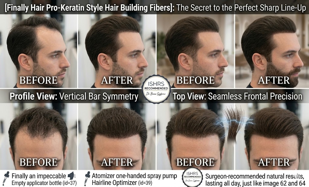 A detailed four-panel before-and-after infographic titled: "The Secret to the Perfect Sharp Line-Up." This graphic illustrates how Finally Hair Pro-Keratin Style building fibers create "perfect symmetry" for a sharp, barber-style finish. Top Row (Profile View - Vertical Bar Symmetry): The "Before" image shows a man with a receding temple and a faint vertical bar. The "After" image shows a razor-sharp, dense vertical bar and temple area, achieved by spraying fibers onto the hairline. Bottom Row (Top View - Seamless Frontal Precision): The "Before" image reveals diffuse thinning at the front hairline. The "After" image displays a perfectly straight, dense frontal edge with a natural blend, emphasizing the use of a hairline optimizer to prevent a "painted-on" look. The central ISHRS Recommended Seal highlights Dr. Bruno Szyferman's endorsement. Bottom icons and text recommend the Atomizer one-handed spray pump for precision and the Finally Hair empty applicator bottle for easy application. The caption reads: "Surgeon-recommended natural results, lasting all day.