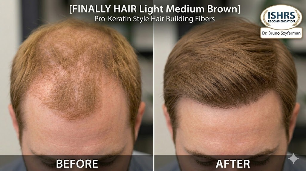 A close-up before-and-after photograph of a human crown, effectively illustrating the filling properties of Finally Hair fibers in light medium brown. The 'BEFORE' image on the left displays noticeable diffuse thinning, while the 'AFTER' image on the right shows the same area with a natural-looking full head of hair, achieving seamless coverage that matches the existing hair texture and color. The image is clearly labeled with 'BEFORE', 'AFTER', and 'Finally Hair Light Medium Brown' product information, and includes an 'ISHRS Recommendation' seal