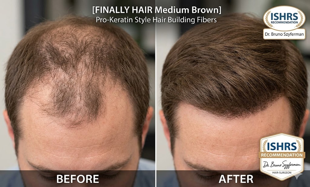 A professional before and after comparison of Finally Hair Medium Brown pro-keratin hair building fibers. The 'Before' image shows a man with significant diffuse thinning on the crown and frontal hairline. The 'After' image shows the same man with a full, natural-looking head of hair after applying Medium Brown fibers, showing seamless blending and increased density. The graphic includes the ISHRS recommendation seal and endorsement by acclaimed hair surgeon Dr. Bruno Szyferman.