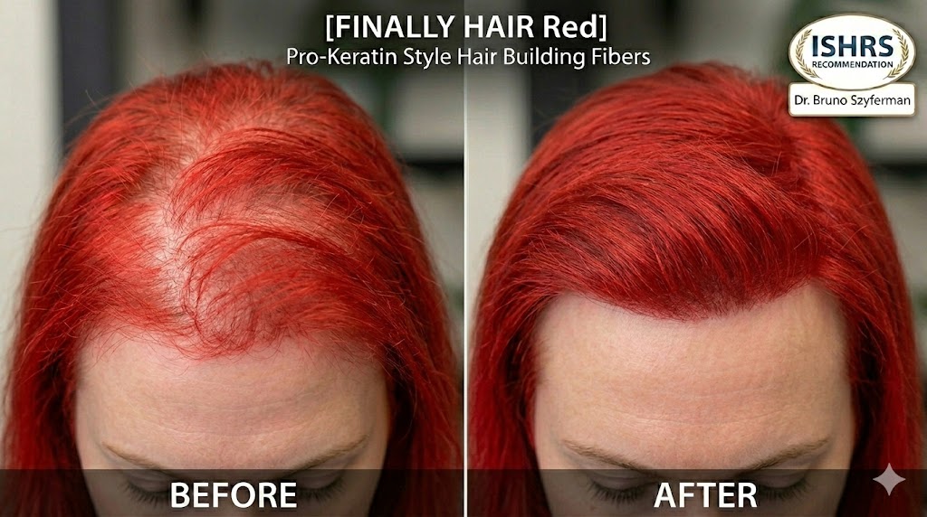 A professional before-and-after comparison in a split-screen format, showcasing the transformative effect of Finally Hair Red pro-keratin style hair building fibers.

The 'BEFORE' image on the left displays a woman with vibrant, bright red hair experiencing significant diffuse thinning on the crown and frontal hairline, making the scalp clearly visible. The 'AFTER' image on the right shows the same area after applying the fibers, resulting in a full, dense, and natural-looking head of hair. The bright red fibers provide a seamless color match and undetectable finish. The graphic includes the ISHRS recommendation seal and endorsement by acclaimed hair restoration surgeon Dr. Bruno Szyferman.