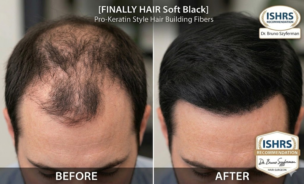 A professional before and after comparison of Finally Hair Soft Black pro-keratin hair building fibers. The 'Before' image shows a man with thinning hair on the crown and frontal hairline with a soft black base. The 'After' image shows the same man with restored density and a full, natural-looking appearance. The Soft Black fibers provide a matte, undetectable finish that blends seamlessly without the 'inky' look of standard black fibers. The graphic includes the ISHRS recommendation seal and endorsement by acclaimed hair surgeon Dr. Bruno Szyferman.
