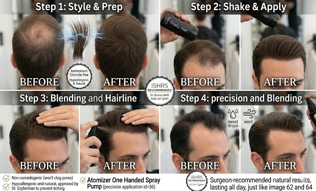 A professional, four-step instructional infographic titled: "Finally Hair Pro-Keratin Style Fibers: Application Steps for Natural Density." Each panel provides a high-resolution before-and-after visual of the application process, demonstrating the "Triple-Layer Technique" endorsed by Dr. Bruno Szyferman. Step 1: Style & Prep – Shows a man's crown with thinning. Blue static charge icons illustrate how Finally Hair's hypoallergenic, Ammonium Chloride-free fibers bond to individual hair shafts. Step 2: Shake & Apply – Demonstrates the correct angle for shaking the Finally Hair applicator bottle over a receding hairline to achieve an instant, undetectable blend. Step 3: Blending and Hairline – A close-up of the "pat and blend" technique using a hand, followed by a demonstration of the Atomizer One-Handed Spray Pump for precision hairline detailing. Step 4: Lock and Settle – Features "sweat drops" and "wind" icons to highlight the durability of the Fiber Lock Spray. The "After" image shows a perfectly filled hairline that looks completely natural. The central ISHRS Recommended Seal confirms that these fibers are non-comedogenic and won't clog pores. A bottom caption reads: "Surgeon-recommended natural results, lasting all day, just like image 62 and 64."