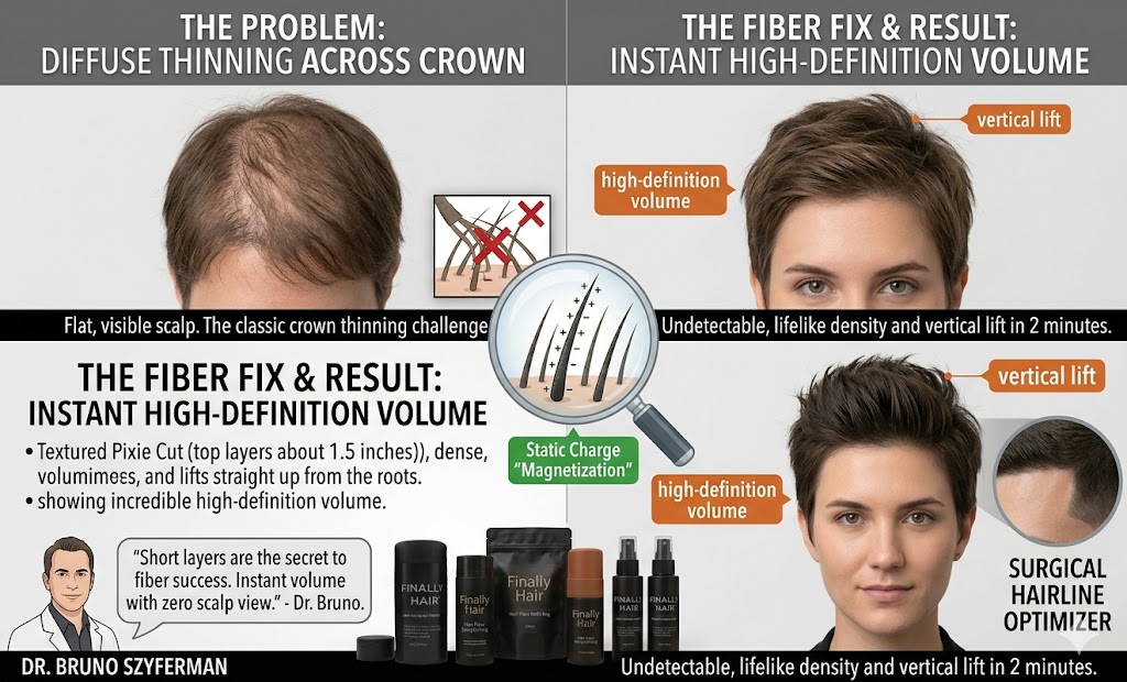 A professional before and after comparison for a textured pixie cut using Finally Hair® fibers. The 'Before' section shows diffuse thinning across the crown with flat, visible scalp. The 'After' section features two angles of a woman with a dense, voluminous pixie cut, highlighting the 'vertical lift' and 'high-definition volume' achieved. A central magnifying glass shows the 'Static Charge Magnetization' of the fibers to the hair. The bottom includes a quote from Dr. Bruno Szyferman about short layers being the secret to fiber success, alongside a product lineup including the Finally Hair® Keratin-Style Fibers, Atomizer, and Fiber Lock Spray.