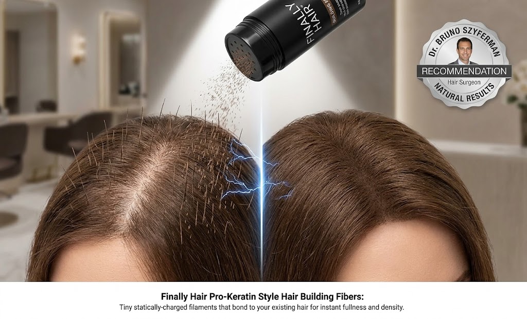 A focused, close-up photograph capturing the application of statically-charged Medium Brown pro-keratin style hair building fibers onto a woman's scalp. On the left side of the frame, a distinct wide part line is visible through thinning brown hair, with many individual, tiny, fibrous particles seen clinging vertically to the existing hair shafts. On the right side, just after application, the area appears seamlessly filled in, creating an undetectable, full, and dense volume that completely conceals the previously wider part. The vibrant spotlight highlights the specific texture of the clustered fibers as they replicate natural hair color and volume. A black shaker bottle is tilted over the application area, with a fine mist of fibers visibly cascading. This visual emphasizes that the fibers bond to existing strands to instantly hide thinning areas and create visible fullness.