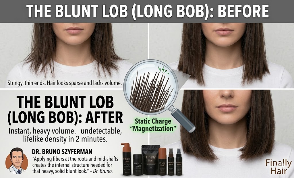 A before and after sequence for a Blunt Lob (Long Bob) haircut on fine hair. The 'Before' panel features four angles showing fine, straight dark brown hair with 'stringy' ends that look sparse and separated, demonstrating a lack of volume and solid shape. The 'After' panel, from the same angles, shows the identical model with full, dense, and visibly thicker hair holding a solid, heavy blunt shape. A circular magnifying glass illustration overlays the center, magnifiying a section of hair to demonstrate individual Finally Hair® matching fibers effectively 'magnetized' and standing upright, with a static charge micro-illustration, labeled with green text: Static Charge 'Magnetization'. The overall style is clean and informative with legibility of text.