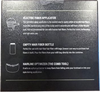 a picture of the back of the box that the sprayer comes in showing the components that are included. It shows the sprayer top, the empty applicator bottle and the hairline optimizer comb tool.