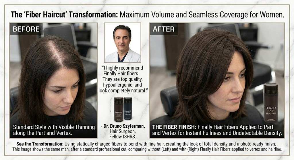 A before-and-after infographic showing a woman with thinning dark hair. The "Before" view shows scalp showing at the part. The "After" view, after applying Finally Hair Building Fibers, shows a full, natural, and dense hairstyle. The image includes a portrait of Dr. Bruno Szyferman, a hair surgeon, with his recommendation: "Top quality, hypoallergenic, completely natural."