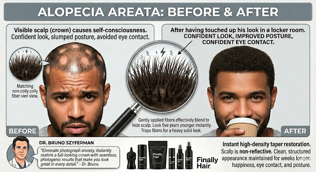 A high-contrast before and after comparison graphic for Alopecia Areata (patchy hair loss). The 'Before' panel shows a man with several distinct, circular bald patches across his scalp, noted as causing self-consciousness and avoided eye contact. The 'After' panel shows the same man with a full, even head of hair and a confident gaze after using Finally Hair® building fibers. A central magnifying glass zooms into the keratin-style fibers effectively blending to hide the scalp, creating a heavy, solid look. The graphic includes the professional endorsement and portrait of Dr. Bruno Szyferman, highlighting that these results eliminate photograph anxiety and restore a full-looking crown with surgical precision. The bottom center displays the Finally Hair® product range, emphasizing the cost-saving Refill Bags.