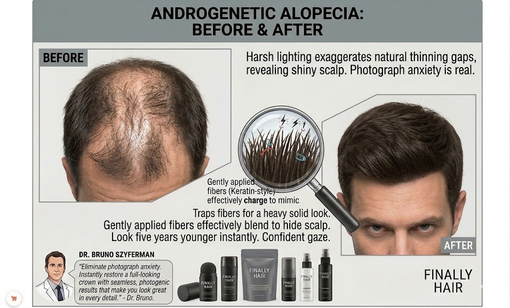 A professional before and after comparison graphic for Androgenetic Alopecia (Male Pattern Baldness) featuring Finally Hair® building fibers. The 'Before' panel shows a top-down view of a man's crown with significant thinning and a 'shiny' scalp visible under harsh lighting, noting that photograph anxiety is common. The 'After' panel shows the same man with a full, dense, and non-reflective head of hair after applying keratin-style fibers. A central magnifying glass zooms into the fibers, illustrating how they carry a static charge to 'magnetize' to existing hair for a heavy, solid look. The graphic includes a professional recommendation from Dr. Bruno Szyferman, an acclaimed hair surgeon, stating: 'Eliminate photograph anxiety. Instantly restore a full-looking crown with seamless, photogenic results.' The bottom center displays the Finally Hair® product line, including shaker bottles and the 57g Refill Bag.