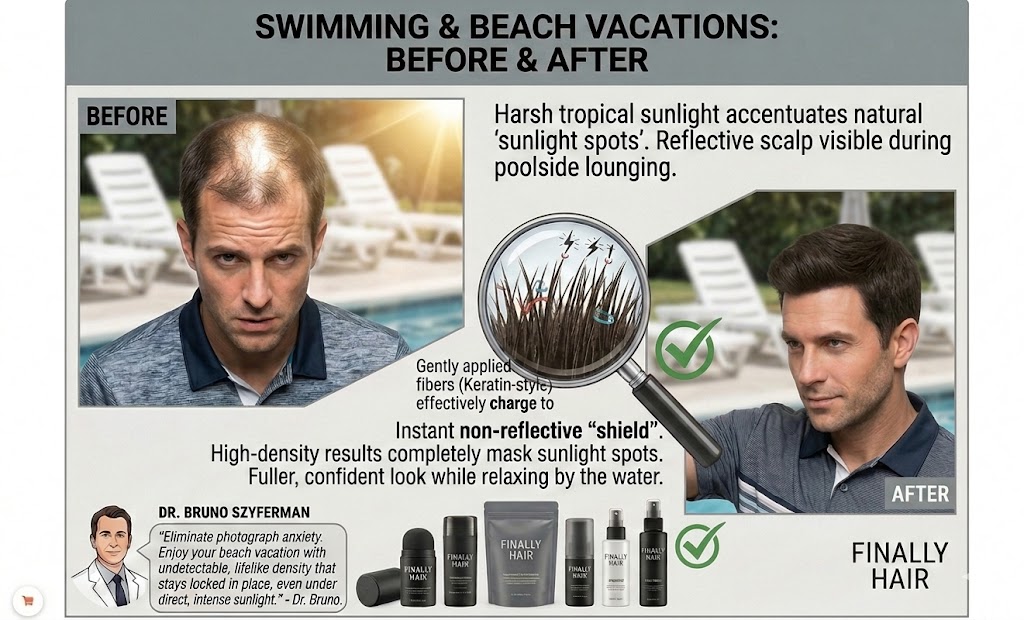 A professional graphic comparing a man's thinning crown (Light Brown coily texture) during a beach vacation, before and after using Finally Hair® fibers. The 'Before' panel shows harsh tropical sunlight accentuating 'sunlight spots' on his scalp while lounging by a pool, noting that reflective scalp is highly visible. The 'After' panel shows the same man with a full, dense crown that acts as a non-reflective 'shield' against the sun, providing a confident look by the water. A central magnifying glass zooms into the keratin-style fibers showing them magnetized and standing upright to mimic natural density. The graphic includes a recommendation from Dr. Bruno Szyferman about enjoying vacations with lifelike density that stays locked in place, alongside the Finally Hair® product lineup.
