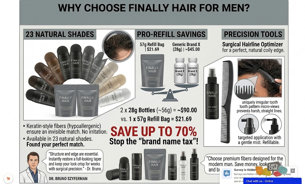 A comprehensive brand comparison infographic for Finally Hair® for men. The '23 Natural Shades' section displays a fan-array of shaker bottles in various colors from Soft Black to Salt & Pepper. The 'Pro-Refill Savings' section features a 57g Refill Bag on a scale weighing against two generic 28g bottles, highlighting a 70% cost saving ($21.69 vs ~$90.00). The 'Precision Tools' section showcases the Surgical Hairline Optimizer, Fiber Lock Spray, and Applicator Pump for creating natural edges. The graphic includes a recommendation from Dr. Bruno Szyferman and a call to action to stop the 'brand name tax' by switching to Finally Hair®.