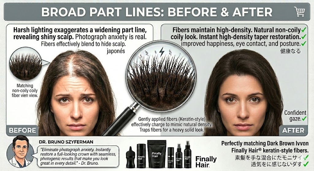 A professional before and after comparison graphic for women with a widening or broad part line. The 'Before' panel shows a woman with a prominent, thinning part line that reveals the shiny scalp, noting how this can cause self-consciousness. The 'After' panel demonstrates a narrow, high-density part line achieved with Finally Hair® building fibers, creating the illusion of thick, natural growth and a confident gaze. A central magnifying glass zooms into the keratin-style fibers, showing how they blend seamlessly with natural hair. The graphic features an endorsement from Dr. Bruno Szyferman, highlighting the photogenic, surgical-precision results. The bottom displays the Finally Hair® product suite, including refill bags and fiber lock spray.