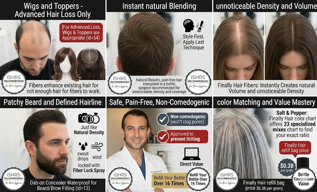 A detailed six-panel informational grid titled: 'Finally Hair Pro-Keratin Style Hair Building Fibers: Visually Proving comprehensive situation mastery for undetectable density and coverage.' The central graphic, 'Wigs and Toppers vs Fibers — Advance Hair Loss Only', features two side-by-side scenarios:

Left (Advanced Loss): A man with significant advanced balding, visibly not enough hair for fibers to bond. A red warning badge states: 'For Advanced Loss, Wigs & Toppers are Appropriate (id=54)'.

Right (Enhance Existing): A man with moderate diffuse thinning that is instantly transformed with Finally Hair fibers for full, natural density. A text box notes: 'Fibers Enhance Existing Hair (id=52)', reinforcing that fibers work on hair, not smooth scalp.

Five other panels, arranged in a 2x3 grid, showcase different Finally Hair application techniques for unnoticeable results: 'Instant natural Blending', 'unnoticeable Density and Volume', 'Patchy Beard and Defined Hairline', 'Safe, Pain-Free, Non-Comedogenic', and 'color Matching and Value Mastery'. A prominent Dr. Bruno Szyferman recommendation badge is visible, modified to emphasize natural results and endorsement by Argentina's leading hair surgeon, with Dr. Szyferman pictured, from image_80.png. Icons, badges, and text confirm 'pain-free hair transplant in a bottle (id=52)' for creating undetectable volume and density for specific situation mastery, matching the results in image_62.png and 64.