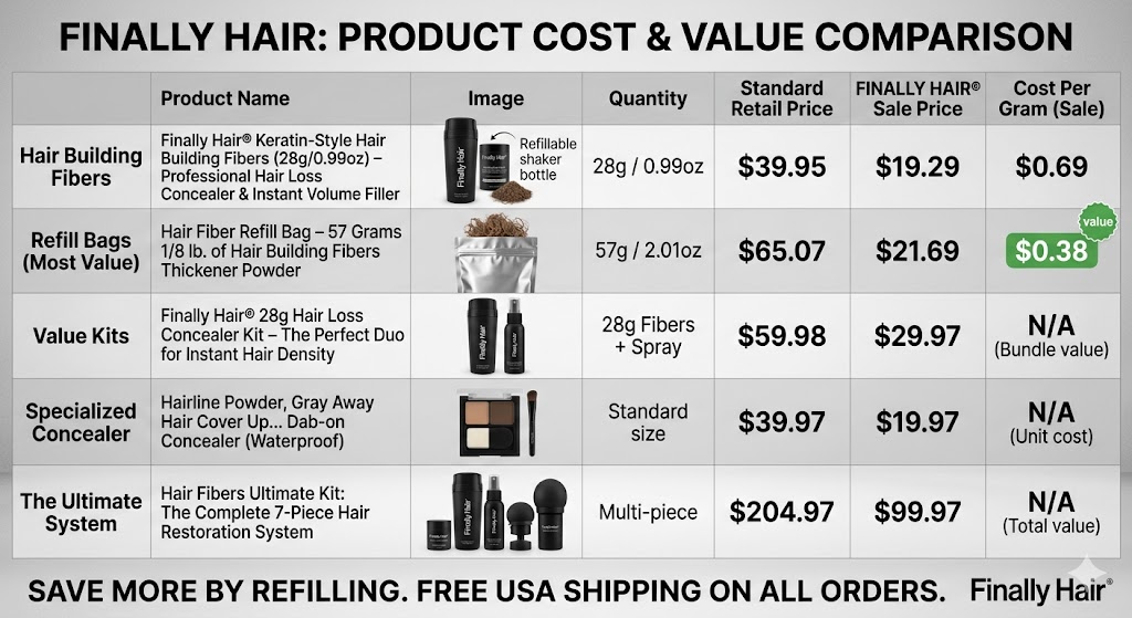 A comprehensive price comparison chart for Finally Hair® products. The table breaks down costs for Hair Building Fibers, 57g Refill Bags, Value Kits, Specialized Concealers, and the Ultimate System. It compares 'Standard Retail Prices' against 'Finally Hair Sale Prices,' highlighting a best-value cost of $0.38 per gram for refill bags. The bottom of the graphic emphasizes free USA shipping and savings through refilling.