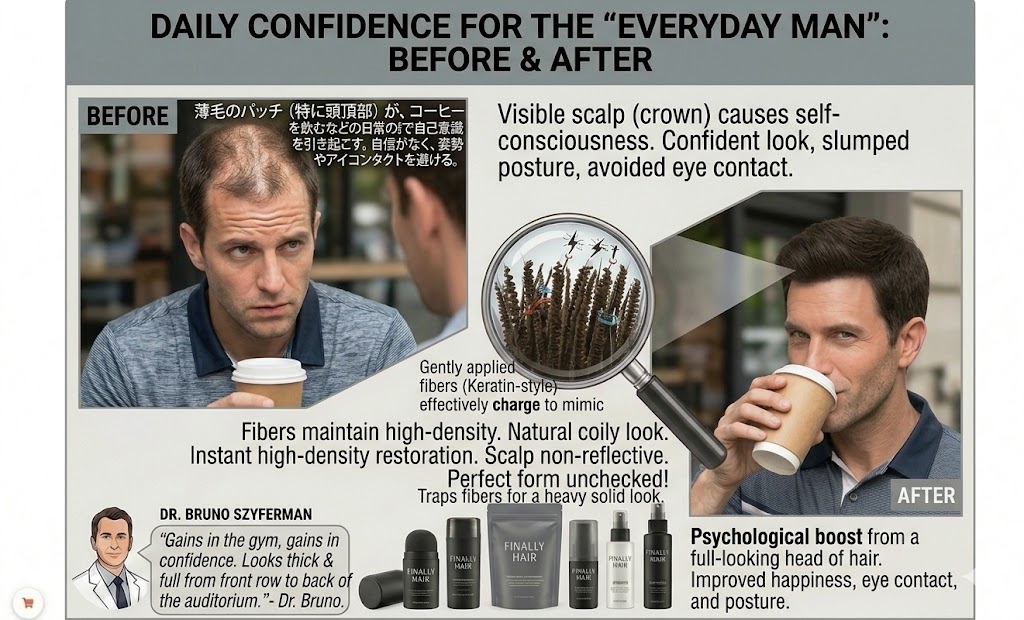A professional before and after comparison of the 'Everyday Man' (Dark Brown coily texture) enjoying a coffee at a café. The 'Before' panel shows him looking down at his coffee with a visible thinning crown, appearing self-conscious with slumped posture and avoided eye contact. The 'After' panel shows the same man with a full-looking head of hair using Finally Hair® fibers, looking happy and confident while making direct eye contact. A central magnifying glass zooms into the keratin-style fibers showing them magnetized to mimic natural density. The graphic includes a recommendation from Dr. Bruno Szyferman about the psychological boost of high-density results, alongside the Finally Hair® product lineup.