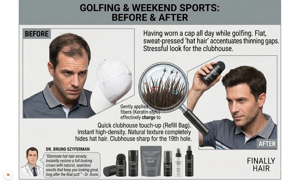A comparative graphic illustration showing a man's thinning crown (Light Brown coily texture) before and after using Finally Hair® products during a golfing weekend. The 'Before' panel displays flat, 'sweat-pressed hat hair' that accentuates natural thinning gaps after wearing a cap all day, noting that it looks stressful for the clubhouse. The 'After' panel shows the identical man, now confident, after a quick touch-up in the clubhouse locker room using a shaker bottle and the 57g Refill Bag. His crown is completely dense, seamless, and free of the hat line. A central circular magnifying glass callout (similar to image_14.png) zooms into the densified area on the man's full crown in the 'AFTER' panel, showing individual matching coily fibers effectively 'magnetized' and standing upright with a static charge micro-illustration. Text: Gently applied fibers (Keratin-style) effectively charge to mimic natural density. Traps fibers for a heavy solid look. The graphic module is signed off on the bottom left with a portrait illustration of DR. BRUNO SZYFERMAN, as in image_23.png, with a text bubble quote: "Eliminate hat-hair anxiety. Instantly restore a full-looking crown with natural, seamless results that keep you looking great, long after the final putt." - Dr. Bruno. At the bottom center, an array of Finally Hair® products (applicator, shaker, 57g Refill Bag, atomizer, Fiber Lock Spray, prep) is displayed with the standard Finally Hair logo.