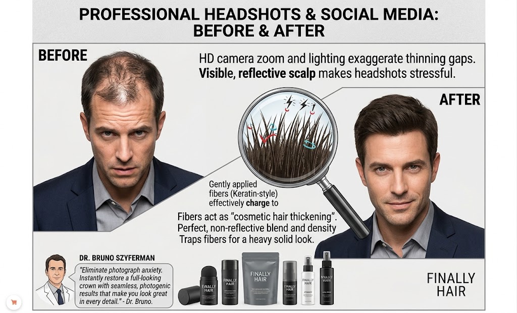 A professional photographic before and after comparison module for Finally Hair fibers. The 'Before' panel features a high-definition close-up of a man's Dark Brown crown under bright photography lights. The HD camera exaggerates natural thinning gaps, revealing significant reflective scalp, noting that photograph anxiety can make headshots stressful. The 'After' panel shows the identical man with dense, matching Dark Brown Finally Hair fibers seamlessly blended to hide the scalp, creating a full-looking, non-reflective crown perfect for a LinkedIn profile or Instagram feed, noting he looks five years younger. A central circular magnifying glass callout (similar to image_14.png) zooms into the densified area on the man's full crown in the 'AFTER' panel, showing individual matching coily fibers effectively 'magnetized' and standing upright with a static charge micro-illustration. Text: Gently applied fibers (Keratin-style) effectively charge to mimic natural density. Traps fibers for a heavy solid look. The graphic module is signed off on the bottom left with a portrait illustration of DR. BRUNO SZYFERMAN, as in image_23.png, with a text bubble quote: "Eliminate photograph anxiety. Instantly restore a full-looking crown with seamless, photogenic results that make you look great in every detail." - Dr. Bruno. At the bottom center, an array of Finally Hair products (applicator, shaker, 57g Refill Bag, atomizer, Fiber Lock Spray, prep) is displayed with the standard Finally Hair logo
