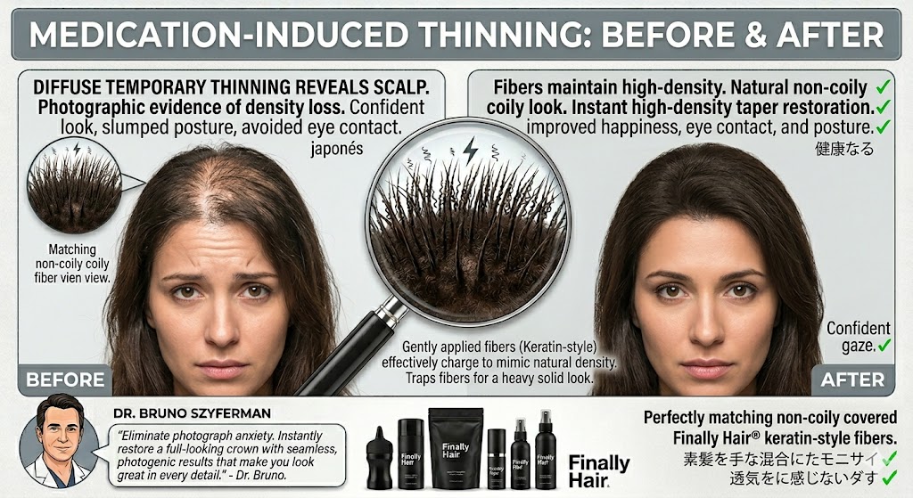 A high-quality before and after comparison graphic for medication-induced hair thinning. The 'Before' panel shows a woman with diffuse thinning and visible scalp gaps, noting that certain medical treatments can cause limp hair and confidence loss. The 'After' panel shows a dense, volumized result after applying Finally Hair® keratin-style fibers, highlighting an improved, happy expression and confident eye contact. A central magnifying glass zooms into the premium fibers, showing how they mimic natural density to provide a non-chemical coverage solution. The graphic includes a professional endorsement from Dr. Bruno Szyferman, recommending Finally Hair for seamless, photogenic results. The bottom features the Finally Hair® product suite, including shaker bottles and 57g Refill Bags.