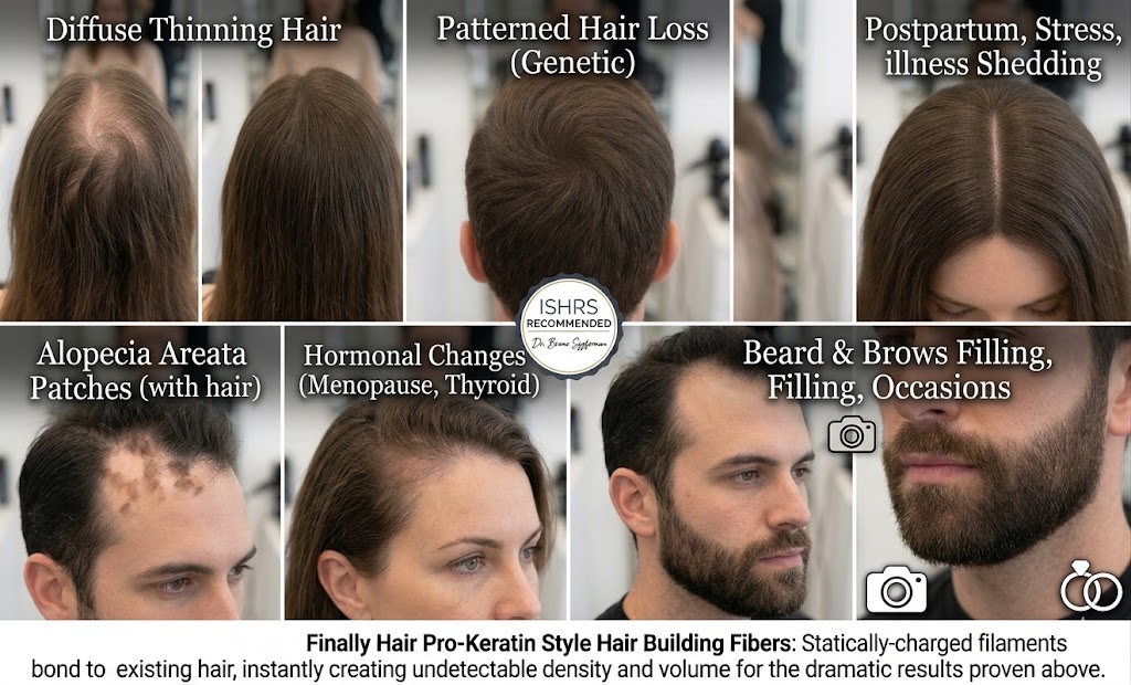 A detailed six-panel before and after grid comparison titled: 'Finally Hair Pro-Keratin Style Fibers: Instantly Creates Undetectable Density and Volume for Wide Demographic Coverage.' Six split panels demonstrate specific instant cosmetic results for: Diffuse Thinning Hair: A woman's brown crown from the back, transitioning from significant visible scalp to full, dense volume. Patterned Hair Loss (Genetic): A man's crown from the back with a distinct circular male-pattern baldness vertex, completely covered and blended. Postpartum, Stress, illness Shedding: A woman's front scalp with a significantly wide part line, perfectly filled and narrow. Alopecia Areata Patches (with hair): A man's front hairline with several smaller circular patches, fully filled and blended. Hormonal Changes (Menopause, Thyroid): A woman's thinning temple area, reinforced with seamless density. Beard & Brows Filling, Occasions: A close-up comparison of a defined receding hairline and a dense, perfectly blended beard on a man, emphasizinggroomed results for camera and special occasions (icon of a camera and wedding rings). All panels feature unnoticeable Medium Brown (color matched to Medium Brown 51, consistent with image 51) fibers that blend seamlessly, providing consistent, natural-looking results across different types of hair loss. A professional Dr. Bruno Szyferman recommendation badge is visible, modified to emphasize natural results and endorsement by Argentina's leading hair surgeon, with Dr. Szyferman from image_80.png pictured. Below the entire composite, clear text centered across states: 'Finally Hair Pro-Keratin Style Hair Building Fibers: Statically-charged filaments bond to existing hair, instantly creating undetectable density and volume for the dramatic results proven above.' The graphic provides undeniable visual proof that Finalmente Hair is the surgeon-recommended, pain-free solution for creating instant fullness and density.