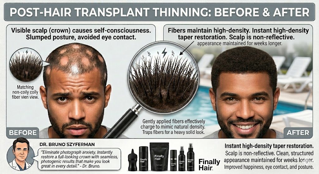 A specialized before and after comparison for post-hair transplant patients using Finally Hair® building fibers. The 'Before' panel illustrates the 'dormant phase' after a transplant, where the scalp remains visible and patchy, leading to slumped posture and avoided eye contact. The 'After' panel demonstrates how keratin-style fibers provide the essential 'bridge density' needed while waiting for new grafts to mature, resulting in a full, non-reflective appearance and improved confidence. A central magnifying glass zooms into the coily hair texture, showing how the fibers magnetized to existing hair strands to create high-density volume. The graphic features the professional endorsement of Dr. Bruno Szyferman, who recommends Finally Hair for seamless, photogenic results during the recovery period. The bottom displays the Finally Hair® product suite, including the 57g Refill Bag and Fiber Lock Spray.