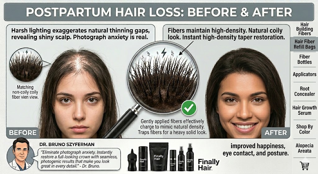 A professional before and after comparison graphic designed for women experiencing postpartum hair loss. The 'Before' panel shows a woman with diffuse thinning and a visible scalp at the crown, noting that harsh lighting often exaggerates these gaps and causes photograph anxiety. The 'After' panel shows the same woman with a full, dense, and natural-looking hairstyle after applying Finally Hair® keratin-style fibers. A central magnifying glass illustrates the fiber technology clinging to existing hair to mimic natural density. The graphic includes a recommendation from Dr. Bruno Szyferman for achieving seamless, photogenic results. The bottom section highlights the Finally Hair® product range, including shaker bottles and cost-saving refill bags.