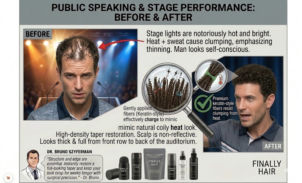 A professional graphic comparing a speaker's hair under intense stage lighting before and after using Finally Hair® keratin-style fibers. The 'Before' panel shows a man from behind at a podium; the hot, bright stage lights cause sweat and clumping that emphasizes a thinning crown, making him look self-conscious. The 'After' panel shows the man looking confident, with a full, high-density crown that remains non-reflective and thick from the front row to the back of the auditorium. A central magnifying glass zooms into the premium fibers, with a 'heat resistance' icon demonstrating how they resist clumping even under high-temperature stage lamps. The graphic includes a recommendation from Dr. Bruno Szyferman regarding surgical precision and edge restoration, alongside the Finally Hair® product lineup.