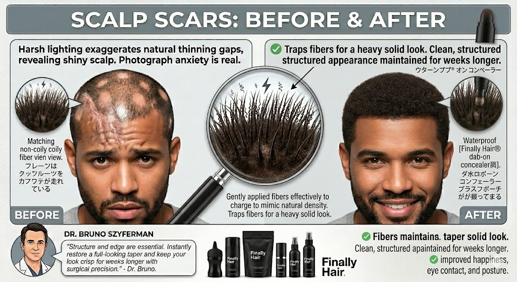 A professional before and after comparison graphic demonstrating scalp scar concealment. The 'Before' panel shows a man with a visible surgical or accidental scar on the crown of his head, alongside areas of thinning hair. The 'After' panel shows a completely camouflaged result with a full, dense appearance after using Finally Hair® building fibers in combination with a dab-on concealer. A central magnifying glass zooms into the keratin-style fibers, showing how they blend seamlessly to hide imperfections. The graphic features an endorsement from hair surgeon Dr. Bruno Szyferman, highlighting that these results eliminate photograph anxiety. The bottom displays the Finally Hair® product line, including the 57g Refill Bag and Fiber Lock Spray.