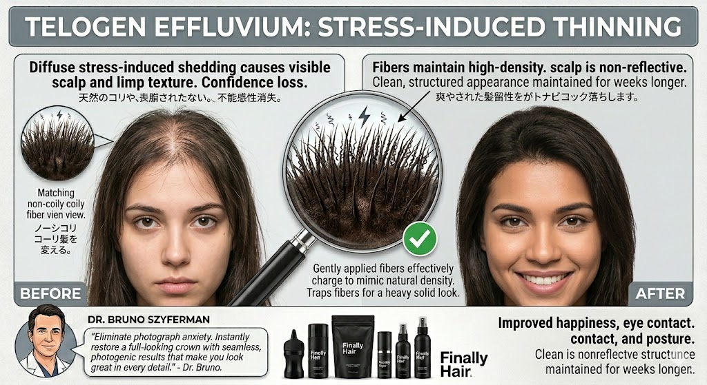 A professional before and after comparison graphic for Telogen Effluvium (stress-induced shedding) featuring a woman with diffuse thinning. The 'Before' panel shows visible scalp and limp hair texture, noting a loss of confidence. The 'After' panel shows the same woman with a full, high-density look after using Finally Hair® keratin-style fibers, highlighting improved happiness and eye contact. A central magnifying glass zooms into the premium fibers, showing how they effectively charge to mimic natural density for a heavy, solid look. The graphic includes an endorsement from Dr. Bruno Szyferman, stating that these seamless results eliminate photograph anxiety. The bottom features the Finally Hair® product lineup, including shaker bottles, refill bags, and fiber lock spray.
