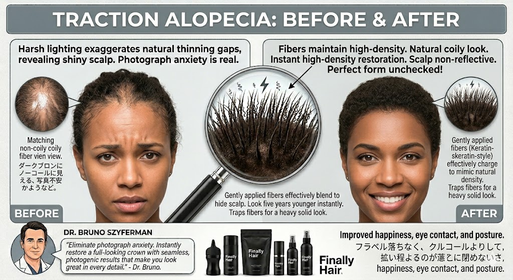A professional before and after comparison showing the impact of Finally Hair® building fibers on Traction Alopecia. The 'Before' panel highlights a woman with thinning at the temples and a receding hairline caused by tight hairstyles, noting how harsh lighting reveals a shiny scalp. The 'After' panel shows a restored, crisp hairline with a natural coily look, significantly improving her posture and confidence. A central magnifying glass zooms into the keratin-style fibers, demonstrating how they magnetize to existing hair to hide the scalp seamlessly. The graphic features a recommendation from Dr. Bruno Szyferman, who notes that these fibers restore a full-looking taper with surgical precision. The bottom includes the Finally Hair® product lineup, featuring the 57g Refill Bag and Fiber Lock Spray.