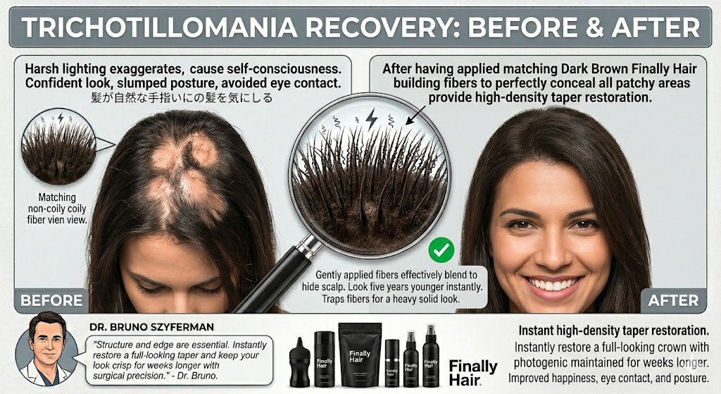 A professional before and after comparison graphic for Trichotillomania (hair-pulling disorder) recovery featuring Finally Hair® building fibers. The 'Before' panel illustrates diffuse, patchy hair loss causing significant self-consciousness and avoided eye contact. The 'After' panel demonstrates how keratin-style fibers provide essential 'bridge density' to perfectly conceal these areas, resulting in a full, seamless look and improved happiness. A central magnifying glass zooms into the coily hair texture, showing individual fibers effectively blending to hide the scalp, creating a heavy, solid look. The graphic includes a recommendation from Dr. Bruno Szyferman, stating that these seamless, photogenic results eliminate photograph anxiety. The bottom center features the Finally Hair® product suite, including the 57g Refill Bag and Fiber Lock Spray.