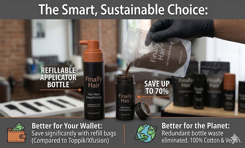 A professional graphic module titled 'The Smart, Sustainable Choice:' is split into two comparison sections. On the left, a matte black 28g Finally Hair Applicator Bottle is identified as a 'REFILLABLE APPLICATOR BOTTLE.' The right side features a black-gloved hand pouring a dark brown hair fiber stream from a clear 'Finally Hair Refill Bag' directly into the open applicator bottle. Below the main visual, a red 'X' and arrow contrast this against generic red and clear 'Disposable Brands' bottles, which are labeled 'NOT REFILLABLE (Toppik/Xfusion).' Text boxes specify: 'BETTER FOR YOUR WALLET: Refills cost less' and 'BETTER FOR THE PLANET: Reduced plastic waste.' The overall style is clean and informative.