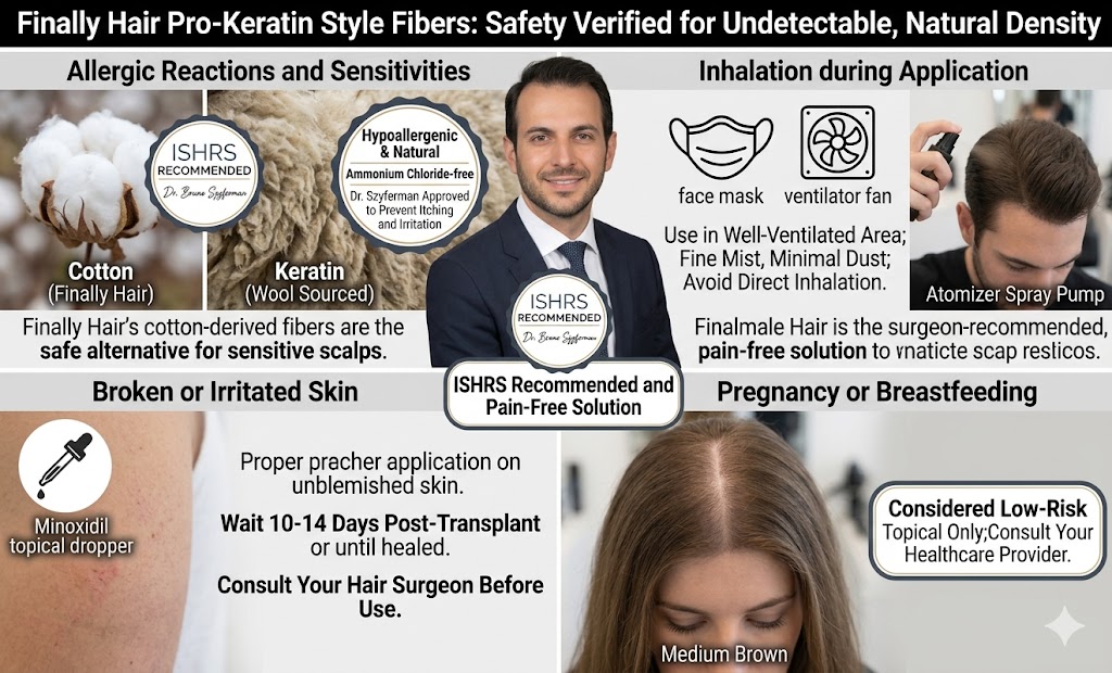 A detailed infographic and comparison chart titled: 'Finally Hair Pro-Keratin Style Fibers: Safety Verified for Undetectable, Natural Density'. The central figure is acclaim Hair Surgeon Dr. Bruno Szyferman, from image_80.png, who confidently endorses the product as an 'ISHRS Recommended and Pain-Free Solution' for creating natural, unnoticeable density and coverage. The overall aesthetic is clean, precise, and professional, explicitly proving the fibers provide a safe and effective option for instant fullness. Four segments surrounding Dr. Szyferman explain different aspects of the safety: Top-Left Segment: 'Allergic Reactions and Sensitivities' visually compares a cotton boll labeled 'Cotton (Finally Hair)' to coarse sheep's wool labeled 'Keratin (Wool Sourced)'. Badges state: 'Hypoallergenic & Natural', Ammonium Chloride-free, and 'Dr. Szyferman Approved to Prevent Itching and Irritation'. Text explicitly describes Finally Hair's cotton-derived fibers as the safe alternative for sensitive scalps. Top-Right Segment: 'Inhalation during Application' provides safety tips with icons of a 'face mask' and a 'ventilator fan', instructing: 'Use in Well-Ventilated Area; Fine Mist, Minimal Dust; Avoid Direct Inhalation.' A demonstration of proper application on a man's crown, matching the natural results of image_62.png, is shown using an Atomizer Spray Pump to instantly create undetectable density while following safe practices. Bottom-Left Segment: 'Broken or Irritated Skin' features a Minoxidil topical dropper icon and instructions: 'Proper application on unblemished skin. Wait 10-14 Days Post-Transplant or until healed. Consult Your Hair Surgeon Before Use.' This segment reinforces appropriate usage protocols for damaged skin. Bottom-Right Segment: 'Pregnancy or Breastfeeding' focuses on a close-up of a dense, natural-looking crown and widening part, matching the results in image_62.png, with a badge reading: 'Considered Low-Risk, Topical Only; Consult Your Healthcare Provider.' This panel emphasizes safety for expectant and nursing mothers. All scenarios demonstrate the undetectable and natural look that Finalmente Hair pro-keratin style fibers achieve, proving that it is the pain-free, surgeon-recommended solution for instant density and coverage.
