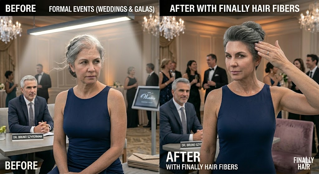 Before and after comparison of a woman's updo hairstyle for a formal gala. The 'Before' panel reveals prominent scalp visibility due to thinning under harsh direct lighting. The 'After' panel demonstrates the seamless, natural volume and density achieved using Finally Hair building fibers as a filler, providing high-definition coverage, with Dr. Bruno Szyferman observing the results.