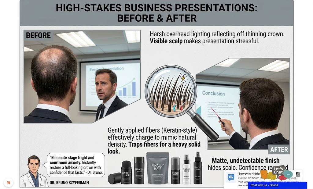 A professional before and after comparison of a man giving a business presentation. The 'Before' panel shows the back of a man's head with a thinning crown clearly visible under bright office fluorescent lights, noting that visible scalp makes presentations stressful. The 'After' panel shows the same man with a full-looking crown and a matte, undetectable finish that hides the scalp. A magnifying glass callout demonstrates how the Finally Hair® Keratin-style fibers effectively charge to mimic natural hair density. The graphic includes a quote from Dr. Bruno Szyferman about eliminating stage fright and instantly restoring confidence, alongside the Finally Hair® product lineup.