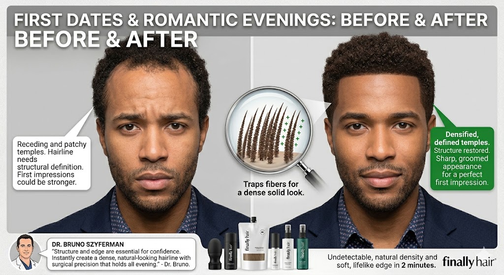 A professional before and after comparison of a man with receding temples (Dark Brown, natural coily texture) getting ready for a first date. The 'Before' panel highlights his patchy temples and unstructured hairline, noting that first impressions could be stronger. The 'After' panel showcases a perfectly densified, defined hairline and full temples, creating a sharp, groomed appearance. A central magnifying glass demonstrates how Finally Hair® Keratin-Style Fibers are trapped for a dense solid look with natural coily texture. The graphic features a quote from Dr. Bruno Szyferman about restoring structure and confidence, alongside the standard Finally Hair® product lineup, including the Surgical Hairline Optimizer and Fiber Lock Spray.