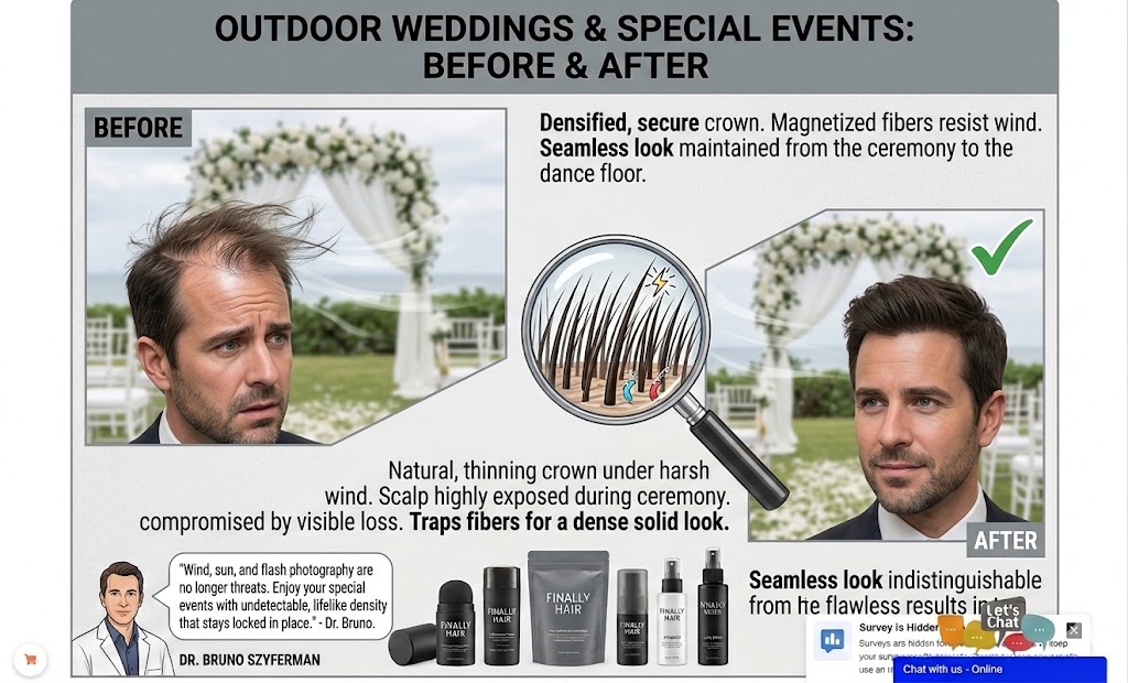 A professional graphic comparing a man's thinning crown (Dark Brown) during an outdoor wedding ceremony, before and after using Finally Hair® wind-resistant fibers. The 'Before' panel shows wind visibly lifting and exposing his scalp under a floral wedding arch, noting that special moments can be compromised. The 'After' panel shows the same man with a full, dense crown that perfectly holds against the wind, showcasing natural texture. A central magnifying glass demonstrates how Finally Hair® magnetized fibers trap density to mimic natural growth. The graphic features a quote from Dr. Bruno Szyferman recommending the fibers for outdoor events and photo shoots, alongside the standard Finally Hair® product lineup.