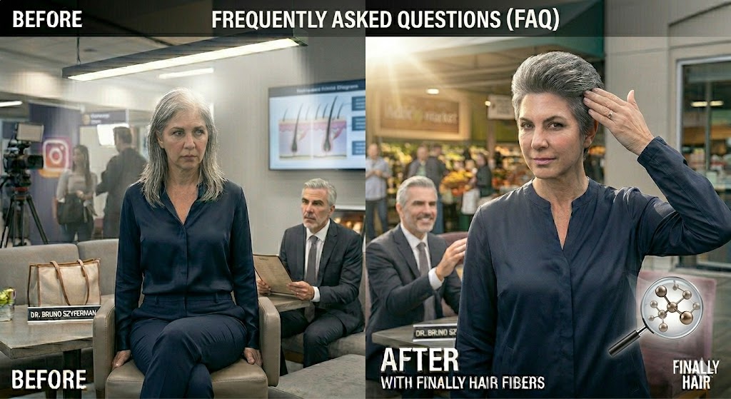 A split-panel before and after comparison of a woman with complex salt and pepper grey hair in an upscale wellness salon, designed for the FAQ section. The 'Before' panel on the left shows her hair transparent at the crown, severely magnifying her thinning. The 'After' panel on the right demonstrates her hairstyle with 23 natural shades and specialized Salt and Pepper blend, achieving dense, opaque coverage that looks natural even under bright sunlight due to its matte, non-glittery finish. The keratin-based Finally Hair fibers are virtually undetectable to eye and touch, blending seamlessly. Her companion, Dr. Bruno Szyferman, points to the flawless results.
