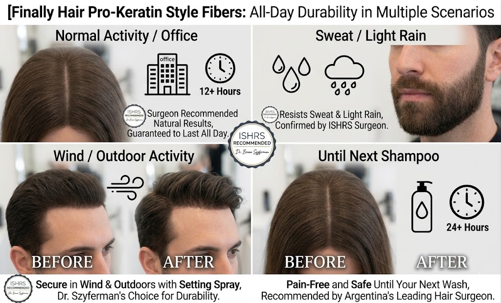 An informational infographic and split-screen comparison, modified from image_64.png, to demonstrate the durability of Finally Hair Pro-Keratin Style hair building fibers. The overall composition is titled: 'Finally Hair Pro-Keratin Style Fibers: All-Day Durability in Multiple Scenarios.' Below the main title, four panels are arranged in a 2x2 grid, each showing dramatic cosmetic transformations on human heads, including crowns, widening parts, receding hairlines, and patchy beards, matching the natural, dense finish of image_64.png. Modified Dr. Bruno Szyferman recommendation badges are visible within each grid to highlight specific benefits and surgeon endorsements. Top-Left Panel: 'Normal Activity / Office' focuses on a close-up of dense Medium Brown (color matching image 51) crowns and widening parts. It features 'office building' and 'clock' icons showing '12+ Hours'. A modified badge states: 'Surgeon Recommended Natural Results, Guaranteed to Last All Day.' Top-Right Panel: 'Sweat / Light Rain' includes 'sweat drops' and a 'cloud with raindrops' icon. It shows a defined receding hairline and filled patchy beard, undisturbed by moisture. A modified badge confirms: 'Resists Sweat & Light Rain, Confirmed by ISHRS Surgeon.' Bottom-Left Panel: 'Wind / Outdoor Activity' displays a 'gust of wind' icon. It highlights filled crowns and hairlines, with hair appearing dynamic but density unchanged. A modified badge notes: 'Secure in Wind & Outdoors with Setting Spray, Dr. Szyferman's Choice for Durability.' Bottom-Right Panel: 'Until Next Shampoo' features 'shampoo bottle' and 'clock' icons showing '24+ Hours'. It focuses on a close-up of a filled widening part. A modified badge asserts: 'Pain-Free and Safe Until Your Next Wash, Recommended by Argentina's Leading Hair Surgeon.' The graphic explicitly proves that the fibers provide a reliable, long-lasting solution that withstands various environmental and physical challenges, maintaining natural-looking density until they are shampooed out.