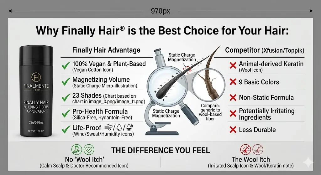 A professional comparison infographic titled 'Why Finally Hair® is the Best Choice for Your Hair.' On the left, a black Finally Hair applicator bottle is shown next to a list of advantages: 100% Vegan & Plant-Based, Magnetizing Volume via static charge, 23 color shades, and a Pro-Health, Life-Proof formula. The center features a magnifying glass illustration showing hair fibers 'magnetizing' to a hair strand compared to a competitor's non-static wool fiber. On the right, it contrasts these benefits against 'The Competitor' (Xfusion/Toppik), noting their use of animal-derived keratin, fewer colors, and potentially irritating ingredients. The bottom highlights the difference between a calm scalp with Finally Hair versus the 'Wool Itch' caused by other brands.