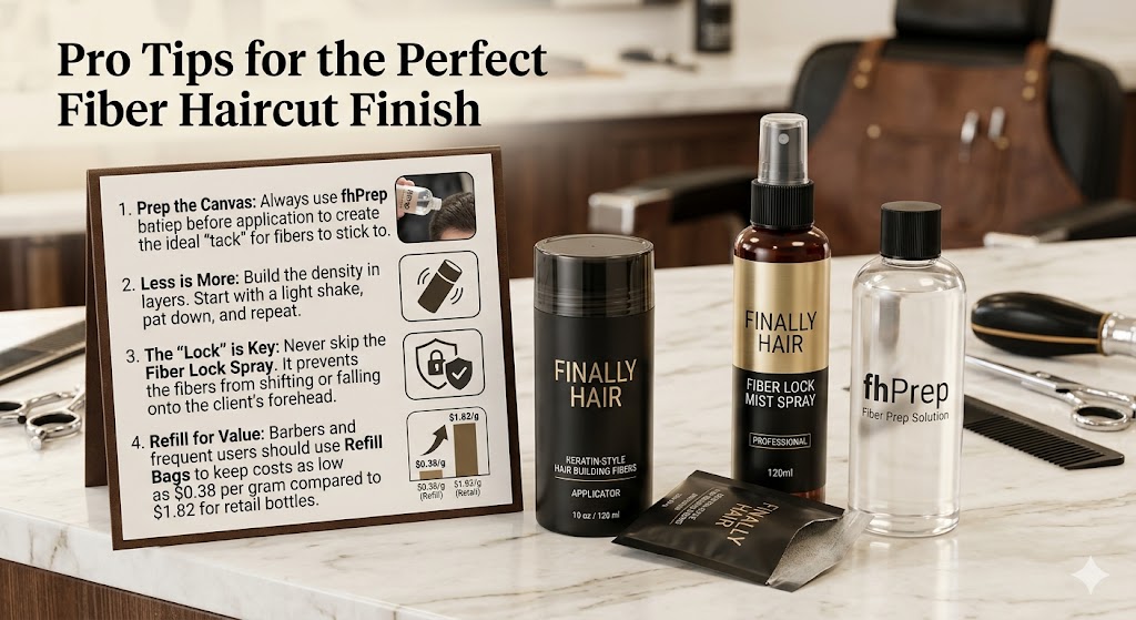 This image is a professional promotional graphic for Finally Hair products, titled "Pro Tips for the Perfect Fiber Haircut Finish." It features several hair restoration products arranged on a marble barber station with a blurred barbershop background. Visual Elements Products Shown: * A bottle of fhPrep Fiber Prep Solution (clear liquid). A black applicator bottle of Finally Hair Building Fibers. A spray bottle of Fiber Lock Mist Spray. A silver Refill Bag lying in the foreground. Instructional Sign: A brown framed display on the left lists four "Pro Tips": Prep the Canvas: Use fhPrep for better fiber adhesion. Less is More: Build density in light layers. The "Lock" is Key: Use Fiber Lock Spray to prevent shifting. Refill for Value: Highlighting the cost savings of using refill bags ($0.38/g vs $1.82/g). A promotional image from Finally Hair titled "Pro Tips for the Perfect Fiber Haircut Finish." The scene shows a marble barber counter with fhPrep solution, hair building fibers, Fiber Lock spray, and a refill bag. An instructional sign provides four professional tips for application, emphasizing preparation, layering, locking the fibers, and the cost-effectiveness of using refill bags.