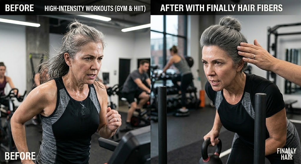 Before and after comparison of a woman with grey hair at a gym during a high-intensity (HIIT) workout. The 'Before' side shows thinning hair. The 'After' side shows the seamless coverage of Finally Hair sweat-resistant building fibers while she lifts a kettlebell.
