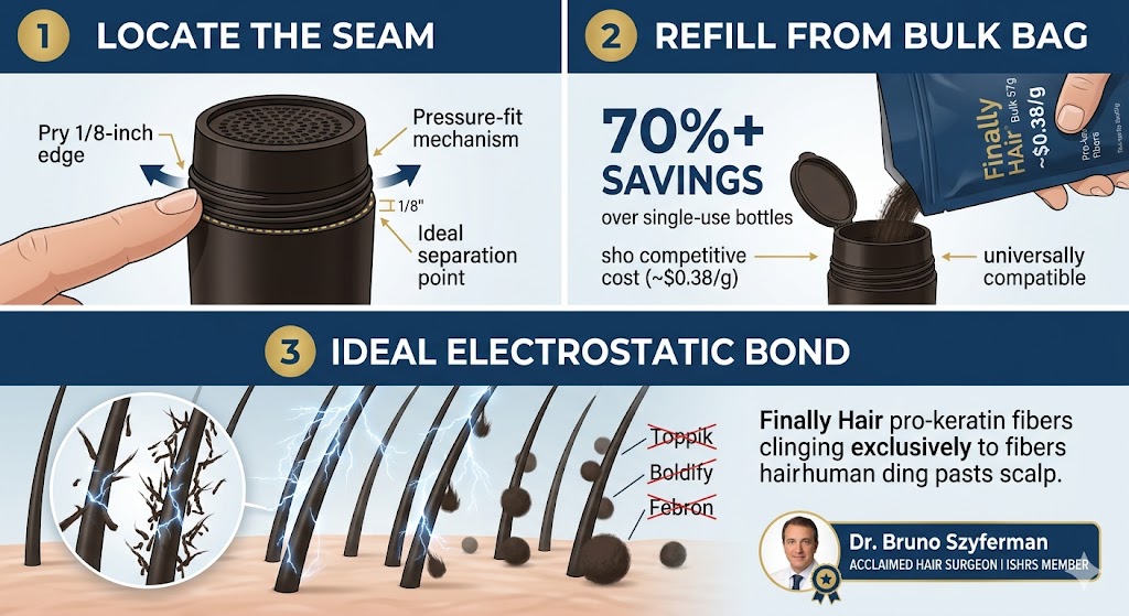 An instructional infographic titled 'The Refill Revolution' by Finally Hair. Step 1 'Locate the Seam' illustrates prying the 1/8-inch edge of a pressure-fit sifter on a hair fiber bottle. Step 2 'Refill from Bulk Bag' shows pouring Finally Hair pro-keratin fibers from a 57g refill bag into a universally compatible shaker bottle, highlighting a 70% cost savings. Step 3 'Ideal Electrostatic Bond' provides a microscopic comparison showing Finally Hair fibers clinging exclusively to human hair strands, unlike Toppik, Boldify, and Febron which are shown falling to the scalp. Features a medical endorsement from Dr. Bruno Szyferman, Acclaimed Hair Surgeon and ISHRS member
