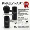 Finally Hair Electric Hair Fiber Sprayer Kit including the black motorized applicator top, empty fiber bottle, and USB charging cable displayed next to an award ribbon.