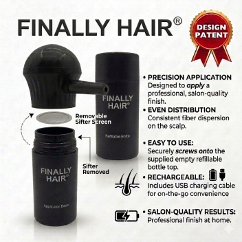Finally Hair Electric Hair Fiber Sprayer Kit including the black motorized applicator top, empty fiber bottle, and USB charging cable displayed next to an award ribbon.